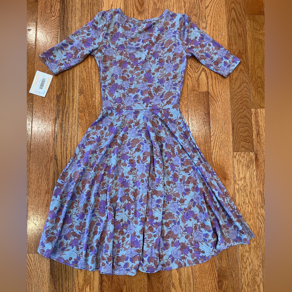 LuLaRoe Nicole Midi Casual Dress - Gray, Pink and Violet Floral - Size XS - Picture 3 of 9
